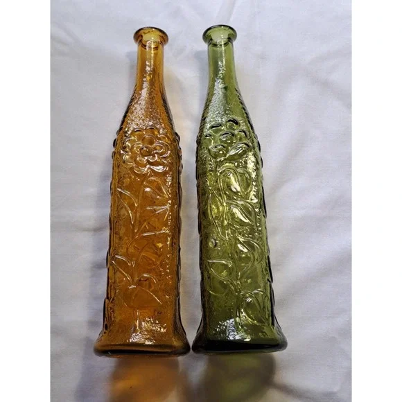 2 Empoli Genie Bottles Amber & Green Floral Design Topless - Picture 1 of 4